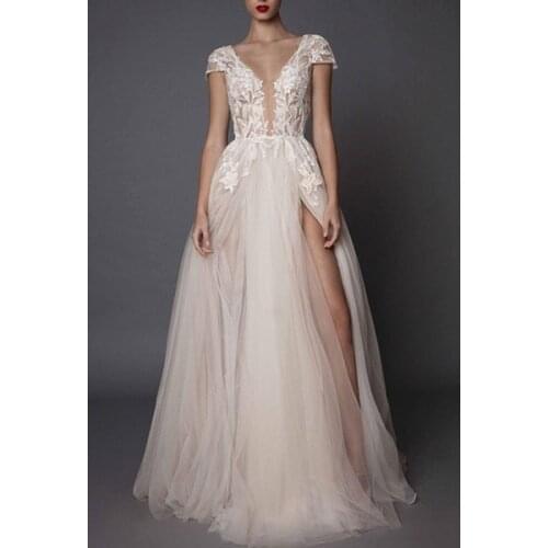 Boho Wedding Dress Ivory V Neck Short Sleeve Applique Slit Bridal Dress