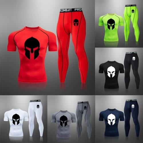 High Quality 2 Pieces/Set Of Mens Spartan Gym Fitness Compression Sports Suit Running Jogging Workout Training Suit