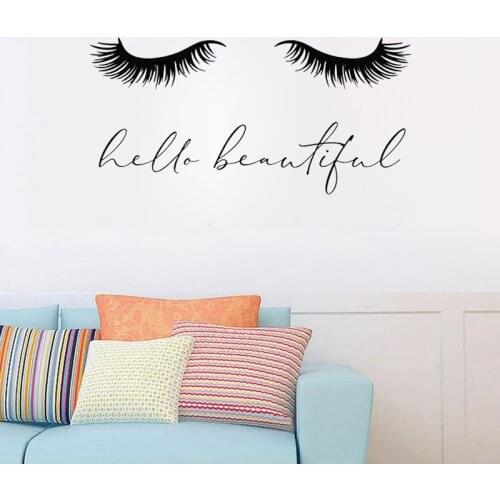 Hello Beautiful Lettering Wall Decals Closed Girl Eyes Eyelash Extensions Wall Stickers Salon Wall Window Decoration Art Murals