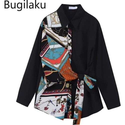 Bugilaku 2021 Autumn New Blouse Women Turn Down Collar Long Sleeves Patchwork Printed Lace Up Shirt Casual Fashion Ladies Tops