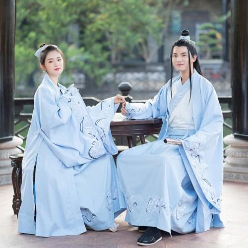 Cross collar large sleeve Hanfu female embroidered martial arts style cloak ancient costume for lovers class uniform