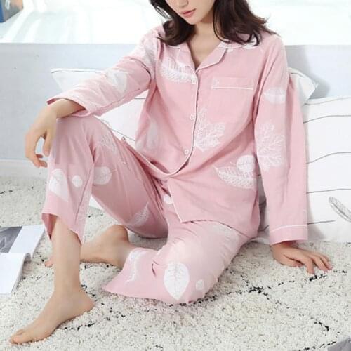 Women Summer Maple Leaf Print Long Sleeve Shirt Pants Cotton Sleepwear Pajama Set