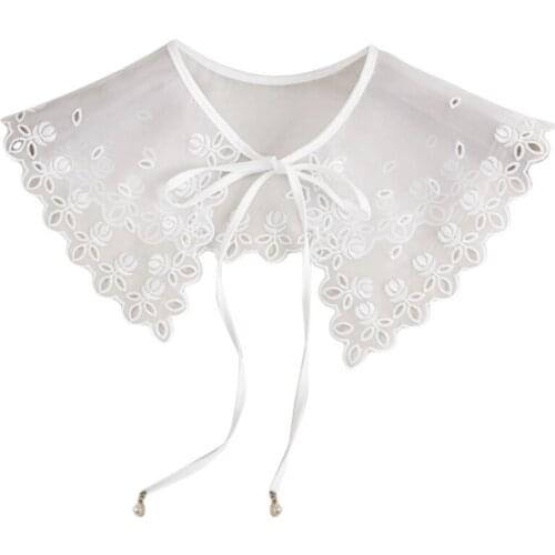 Women Hollow Out Floral Lace Fake Collar Shawl Wrap Elegant Sheer Mesh Tulle Half Shirt Necklace Faux Pearl Ribbon Lace-Up 066F