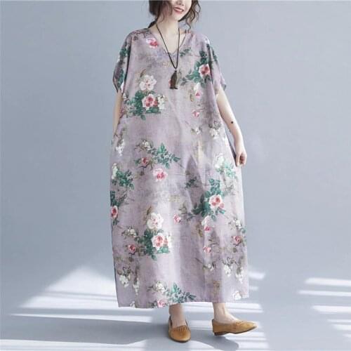 Holiday Outdoor Travel Style Dress 2021 New Batwing Sleeve Loose Summer Dress Cotton Linen Print Floral Vintage Women Long Dress