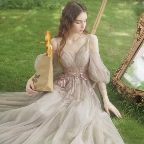 Women Elegant Evening Dresses Long 2021 Luxury Appliques A-line Floor-length Formal Dress Tulle Sexy Evening Party Gowns