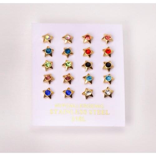 10 Pairs Star Earrings Cubic Zirconia 316L Stainless Steel Anti-allergy Ear Stud Gold Color Women/Girl Jewelry Gift Wholesale
