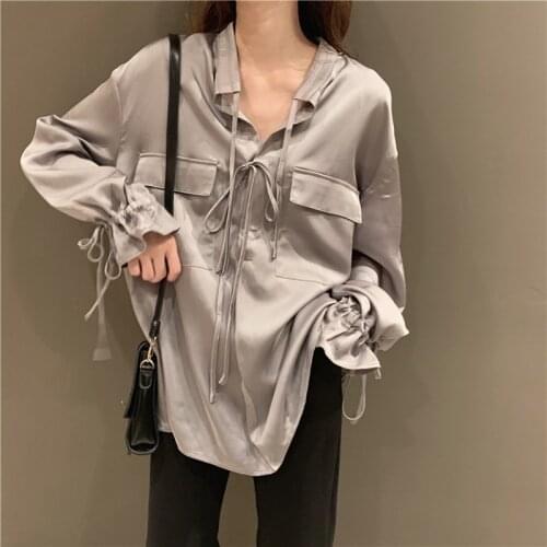 2021 Spring Women Fashion Long Sleeves Satin Blouse Vintage Femme V Neck Street Shirts Elegant Imitation Silk Blouse BOW