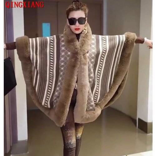 2021 Winter Warm Plus Size Women Faux Rabbit Fur Cardigan Big Pendulum Cape Fashion Printed Poncho With Sleeves Outstreet Coat