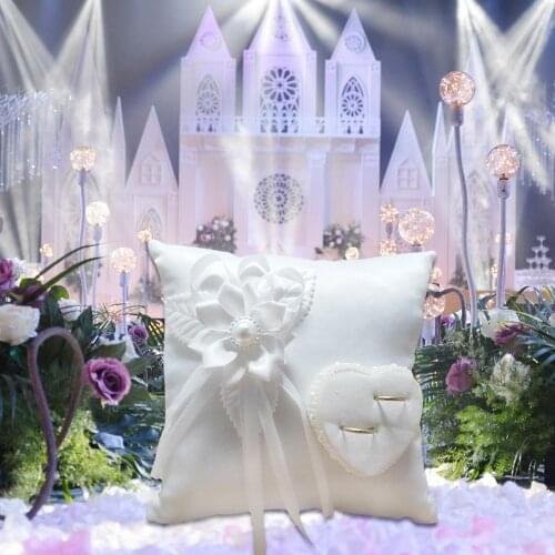 White Square Ivory Satin Flower Girl Basket And Ring Pillow Set Flower Ring Camellia Heart Shaped Cushion Wedding Decoration