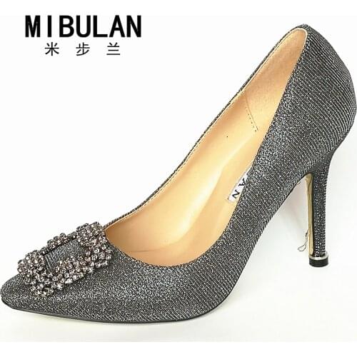 Free Shipping classic silk stain diamond buckle wedding heels, female shining silk stian buckle big size party pumps, 33-43