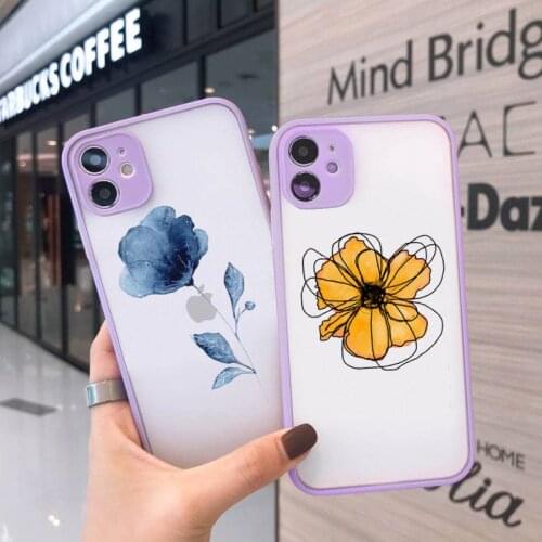 Watercolor flowers gold leaves Phone Case For iPhone 12 11 Mini Pro XR XS Max 7 8 Plus X Matte transparent Purple Back Cover
