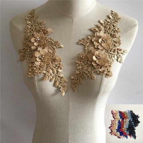 Flower Polyester Pair of Hollow ABS pearl 3D Rhinestone DIY Lace Dress Gorgeous Lace Craft Application Dress Embroidered Fabric