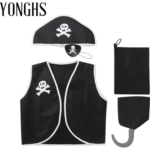 Kids Pirate Costume Black Vest with Eyeshade Hat Pirate Hook and Bag Set for Children Boy Halloween Theme Party Cosplay Dress Up