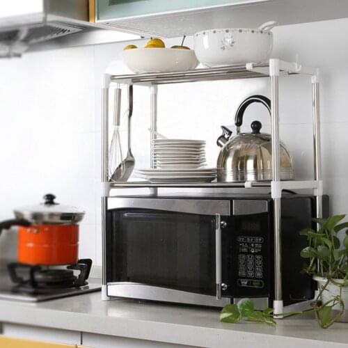2-Tier Practical Design Multifunctional Stainless Steel Kitchen Storage Rack Telescopic Household Use Microwave Oven Rack