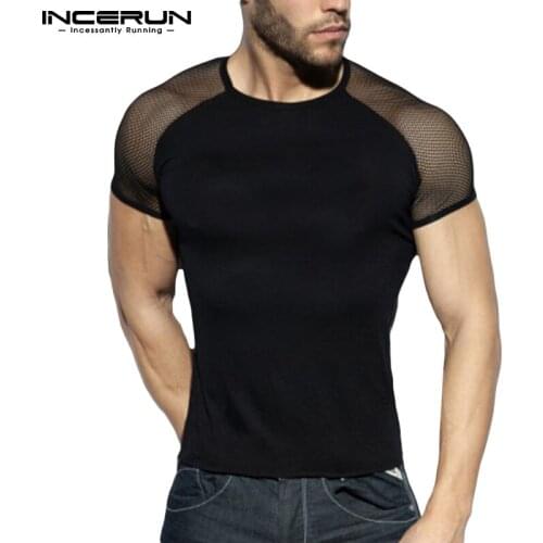 Fashion Men T Shirt Mesh Patchwork Breathable Crew Neck 2021 Short Sleeve Casual Tee Tops Streetwear Sexy Camisetas 5XL INCERUN
