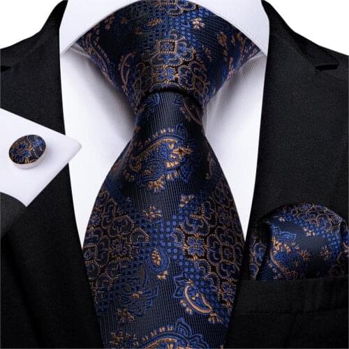 Quality Men Tie Navy Blue Paisley Wedding Tie For Men Hanky Cufflink Gift Tie Set DiBanGu New Design Business MJ-7296