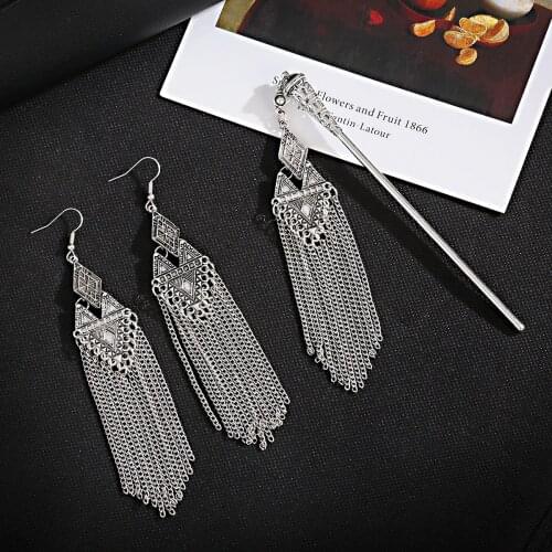2pcs Geometric Chains Earring&Hairpins Set Vintage Indian Jewelry Earrings For Women Accessories For Hair Sticks Kolczyki Tassel