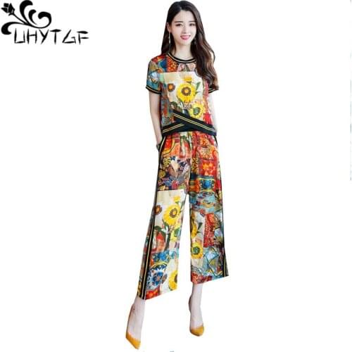 UHYTGF summer two piece set for women fashion printing Pullover short tops+wide-leg pants suit female casual tracksuit women1443