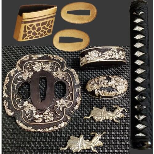 Nice Metal Crafts Japanese Katana/Wakizashi/Tanto Sword Handle Fittings Set Brass Tsuba+Menuki+Fuchi+Kashira+Habaki+Seppa