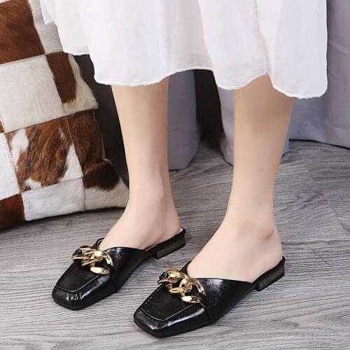 Lovely Women Mules Slippers Summers Squared Toe Chain Low Heels Sandals Black Summer Ladies Elegant Slides Fashion Sandals