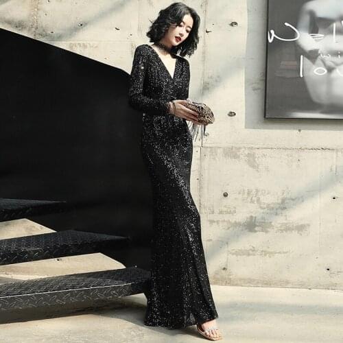 2020 New Arrival Full Sleeve Prom Dress Sequined Deep V Neck Sexy Thigh High Slits Slim Simple Corset Luxurious Mermaid Dress