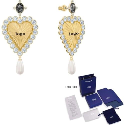 Swa New Fashion Classic Retro Golden Pierced Earrings Exquisite Crystal Water Drop Pearl Decoration Ladies Romantic Jewelry