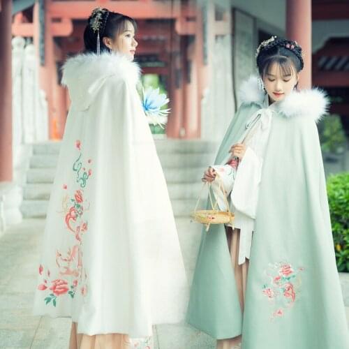 New Chinese Traditional Embroidery Winter Hanfu Female Long Style Cloak Classical Folk Dance Performance Stage Costumes VO438