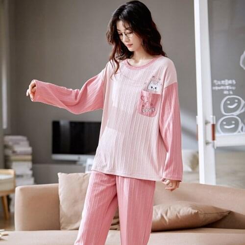Autumn Winter Pajamas Set Women Sweet Patchwork Pink Long Sleeve Pants Homewear Cute Cartoon Love Bunny Cotton Women Sleepwear