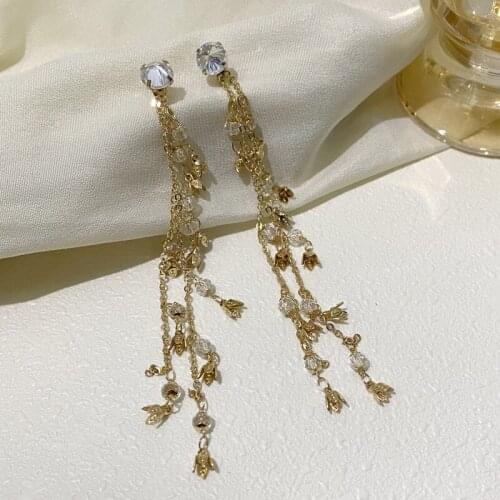 Campanula Flower Crystal Long Tassel Dangle Earrings 2021 New Trendy Elegant French Style Earrings Korean Fashion Jewelry