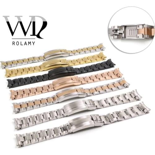 Rolamy 20mm Solid Curved End Screw Links New Style Glide Lock Clasp Steel Watch Band Bracelet For OYSTER Style Rolex Submariner
