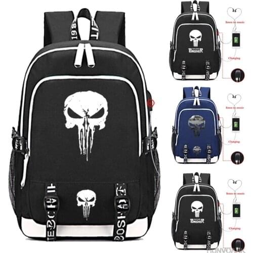 Punisher USB Charging Backpack School Bags Fashion Capacity Schoolbag Students Boys Girls Rucksack Daily Mochilas