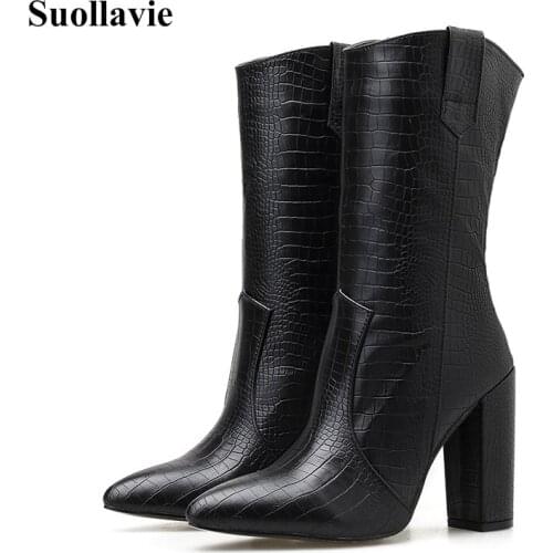 Suollavie Women Black Chunky Boots Mid- Calf Pointed Toe Rubber Western High Heels Lady Autumn Fashion Shoes