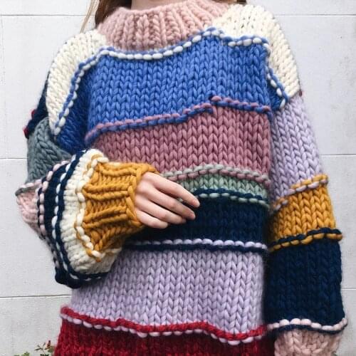 Autumn and winter New Style handmade woven rainbow striped contrast color sweater coat womens thick needle sweater K877