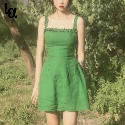 Luck A Summer 2021 Sweet Green Strap Dress Women Vintage Kawaii Sexy Backless Solid Mini Dress High Street Ruffle Slim Dress New
