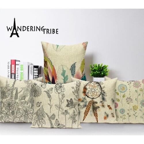 Vintage Decorative Cushion Covers Shabby Chic Feather Flowers Spring Pillow Covers Plant Geometric Throw Pillow Case