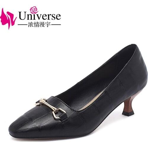 Universe K058 New Arrival 2020 Kitten Heels Ladies Pumps Genuine Leather High Heels Dress Shoes Women