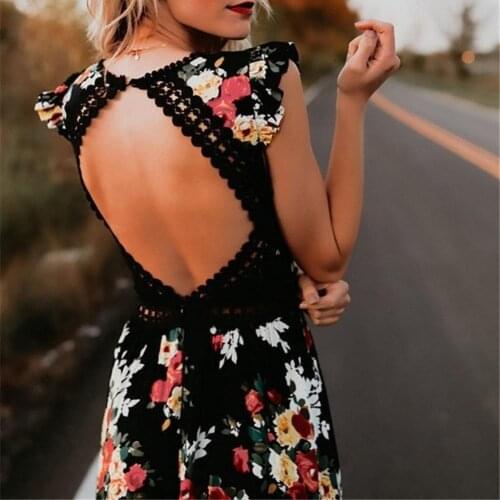 Fashion Women Sleeveless Floral Print Irregular Hem Backless Long Tank Dress Backless Irregular Large Hem Floral Print Dress