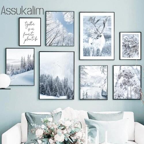 Winter Snow Scene Poster Deer Canvas Print Snow Mountain Forest Landscape Painting Nordic Wall Pictures For Living Room Decor