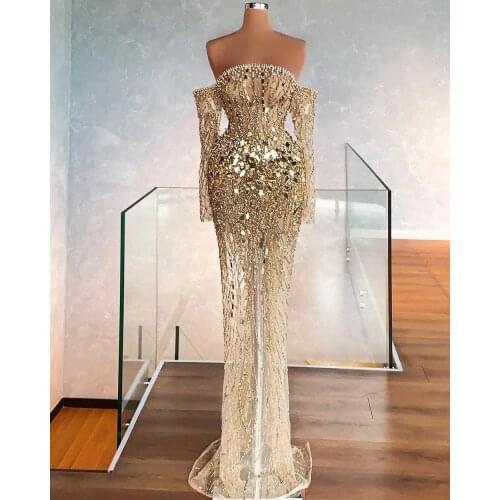Gold Long Sleeves Evening Dresses 2021 Stunning Heavy Handmade Crystals Sexy See Through Straight Party Women Formal Prom Dress