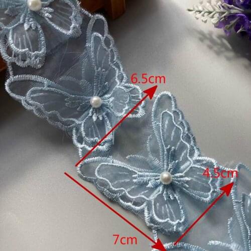 1 Yard Blue Mesh Bowknot Rhinestones Embroidered Lace Trim Ribbon Patches Applique Fabric DIY Wedding Dress Sewing Supplies