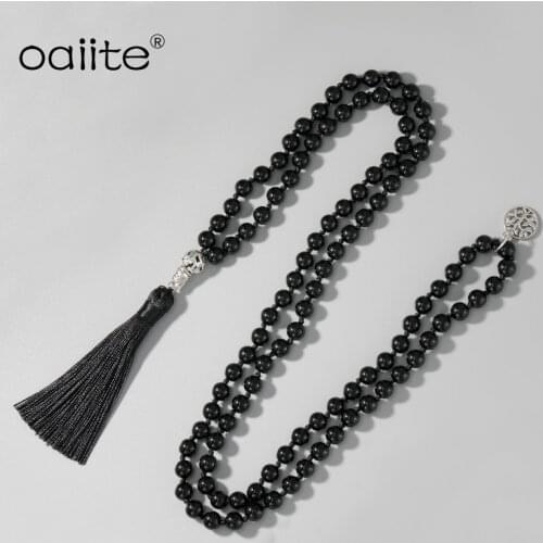 108 Mala Beads Necklace Black Onyx 8MM Beads Meditation Necklace Japa Mala Beaded Tassel Necklace with Tree of Life Pendant
