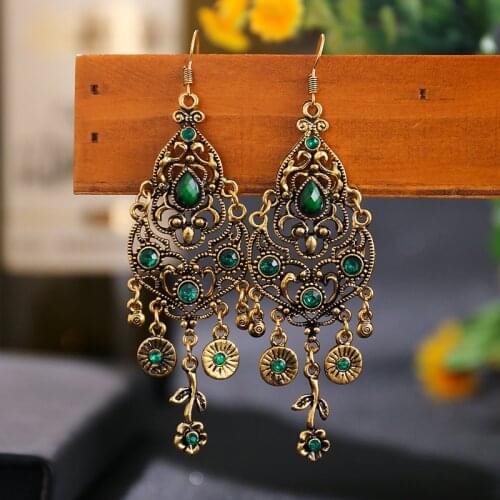 Bohemian Ethnic Earrings 2020 Women Vintage Alloy Hollow Out Carved Flower Rhinestones Long Dangle Earrings Indian Jewelry