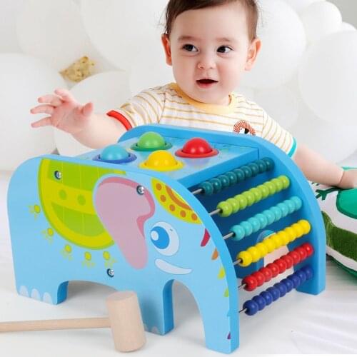 Wooden Elephant Knocking Table Multifunctional Abacus Flip Childrens Educational Toys