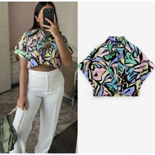 European and American womens fashion all-match personality impressionist abstract printing lapel short shirt casual top