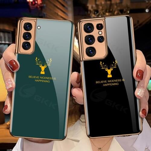 GKK Case For Samsung Galaxy S21 Plus Ultra 5G Luxury Elk Pattern Tempered Glass Plating Edge Cover For Samsung S21 Plus Ultra 5G