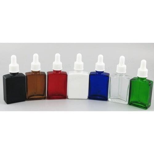 12 x 30ml Square Flat glass with black pipette dropper 1oz black white clear blue glass e liquid container, 30ml dropper bottle