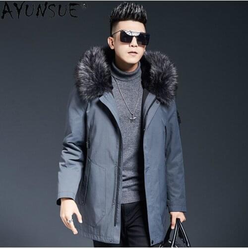 AYUNSUE Winter Jacket Men Genuine Rabbit Fur Coat Hooded Parka Real Raccoon Fur Collar Clothes Cotton Sleeves Chaqueta LXR843