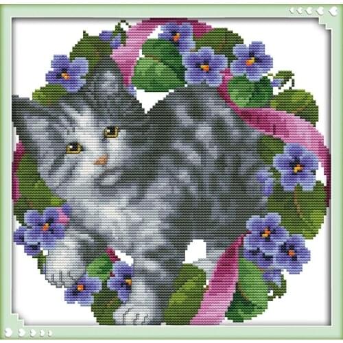 Joy sunday animal style Ribbon kitten cross stitch embroidery kit 14ct and 11ct stamped fabric for easy needlework