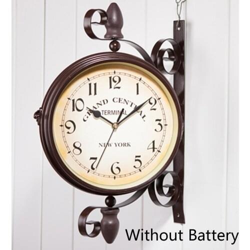 Vintage Inspired Double-Sided Wall Clock Quartz Wrought Iron Train Station Cafe Decorative Round Hanging Clock 8 Inch