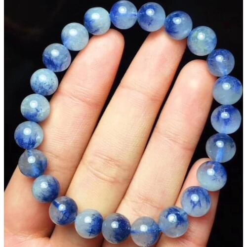 Natural Blue Dumortierite Quartz Rutilated Crystal Bracelet Women Men Rare Round Beads 8mm 7mm 9mm Rare Stone From Brazil AAAAA